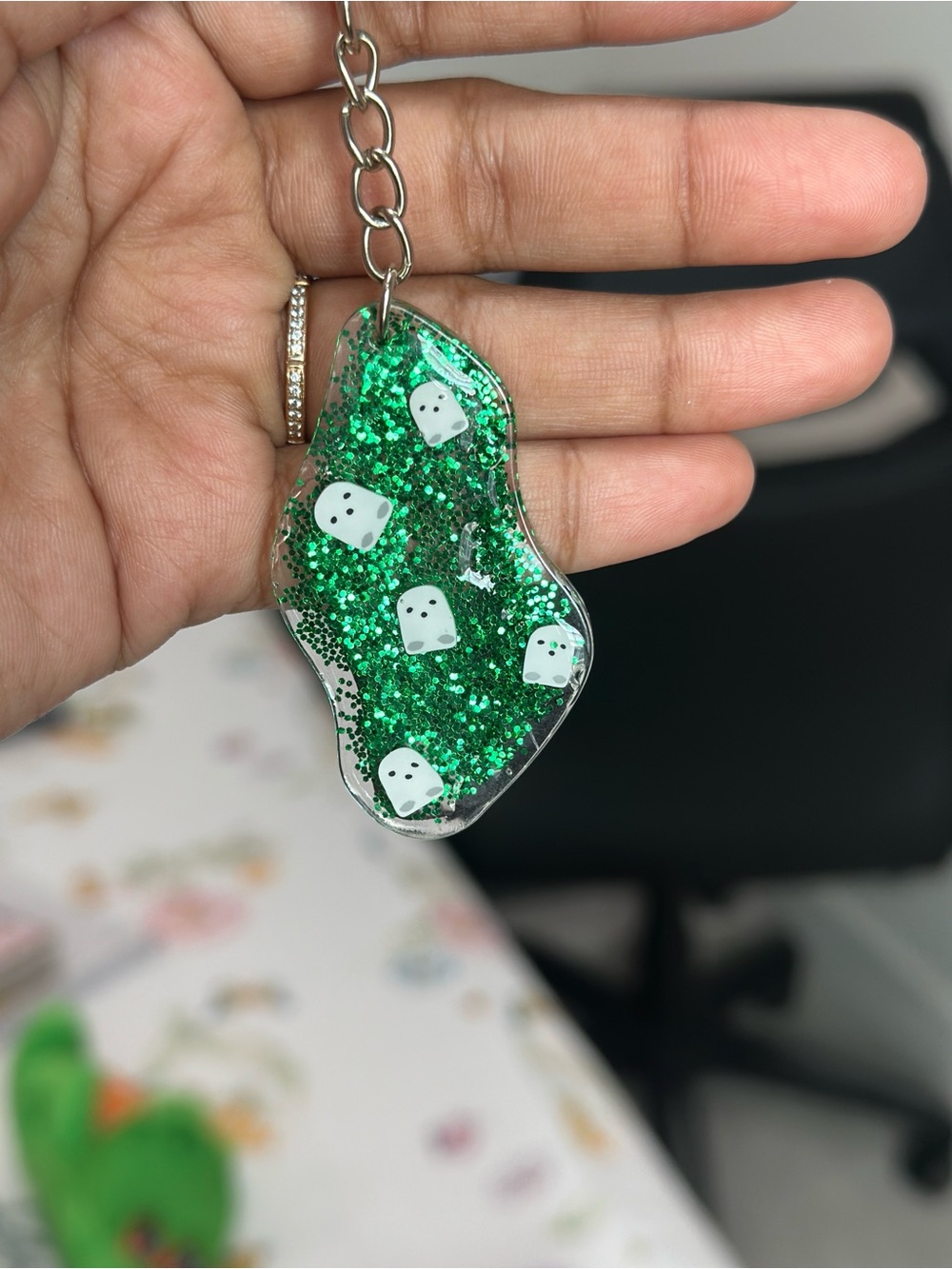 Halloween Green Glitter Ghost Resin Keychain - Handmade
